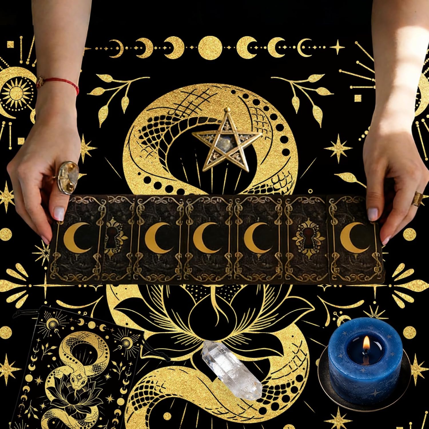 Tarot Altar Cloth Moon Snakes Lotuses Card Table Tablecloth | Black Tablecloth with Velvet Tarot Card Bag for Reading Rituals Crystals Spiritual Divination Witchcraft Supplies - Image 5