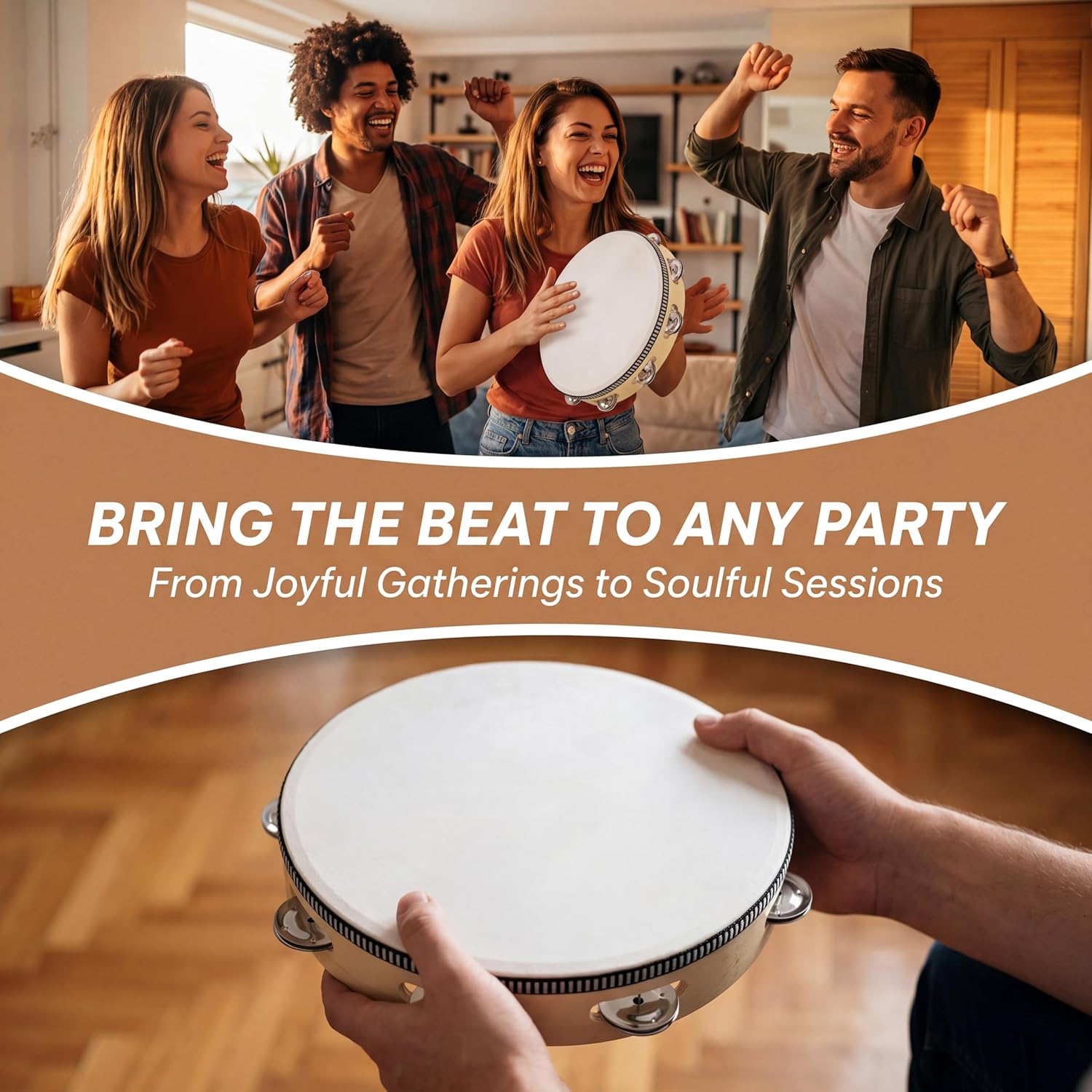 Tambourine for adults 10 inch Hand Held Drum Bell Birch Metal Jingles Percussion Gift Musical Educational Instrument for Church KTV Party (10 inch) - Image 5