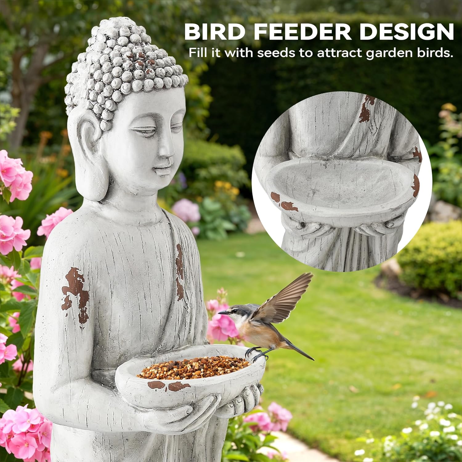 42" Extra-Large Buddha Outdoor Statue with Birdfeeder, Tall Zen Meditative Buddha Figures, Durable Weatherproof MGO Sculpture for Garden, Patio, Yard, Porch or Indoor Home Decor - Image 6