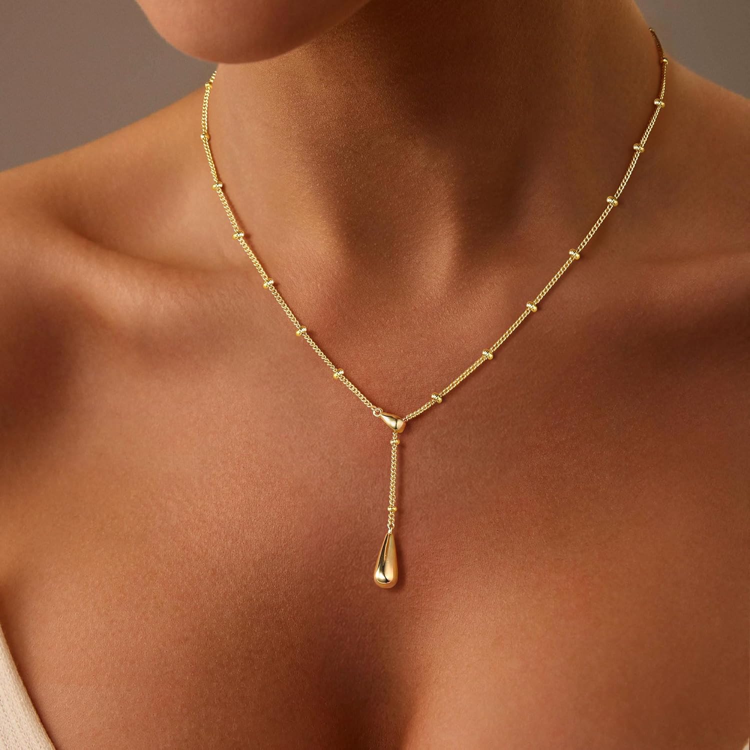 M MOOHAM Gold Necklace for Women Non Tarnish - Dainty 14K Gold Plated Beaded Chain Small Pendant Necklaces Simple Pearl Circle Beads Teardrop Pendant Necklace for Women Trendy Jewelry Gifts - Image 2