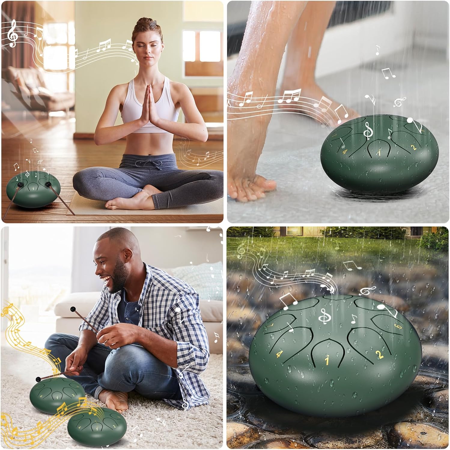 Rain Drum for Outside Garden, 6 Inches 8 Notes Steel Tongue Chakra Drums, Waterproof Meditation Rain Chime, Musical Instruments for Adult Gift with Bag, Music Book, Drum Mallets (Green) - Image 6