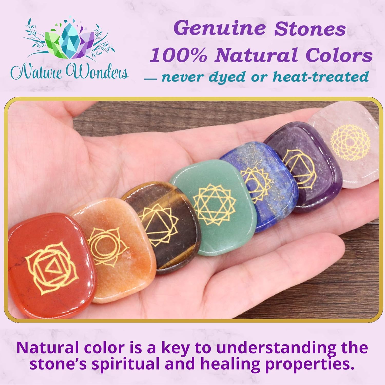 NatureWonders All Natural Chakra Stone Set with Information Brochure & Travel Pouch - Healing Crystals, Polished Palm Stone, Meditation, Reiki, Energy - Image 3
