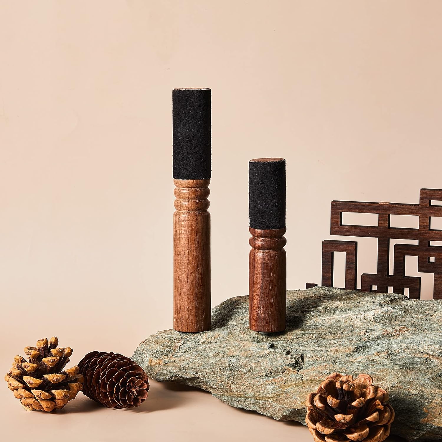 Nuanchu 2 Pieces Tibetan Singing Bowl Mallet Suede Wooden Striker Leather Wrapped Meditation Mallet Sound Bowl Stick Buddha Musical Instruments for Buddhist Meditation Yoga Chime (Black and Brown) - Image 4