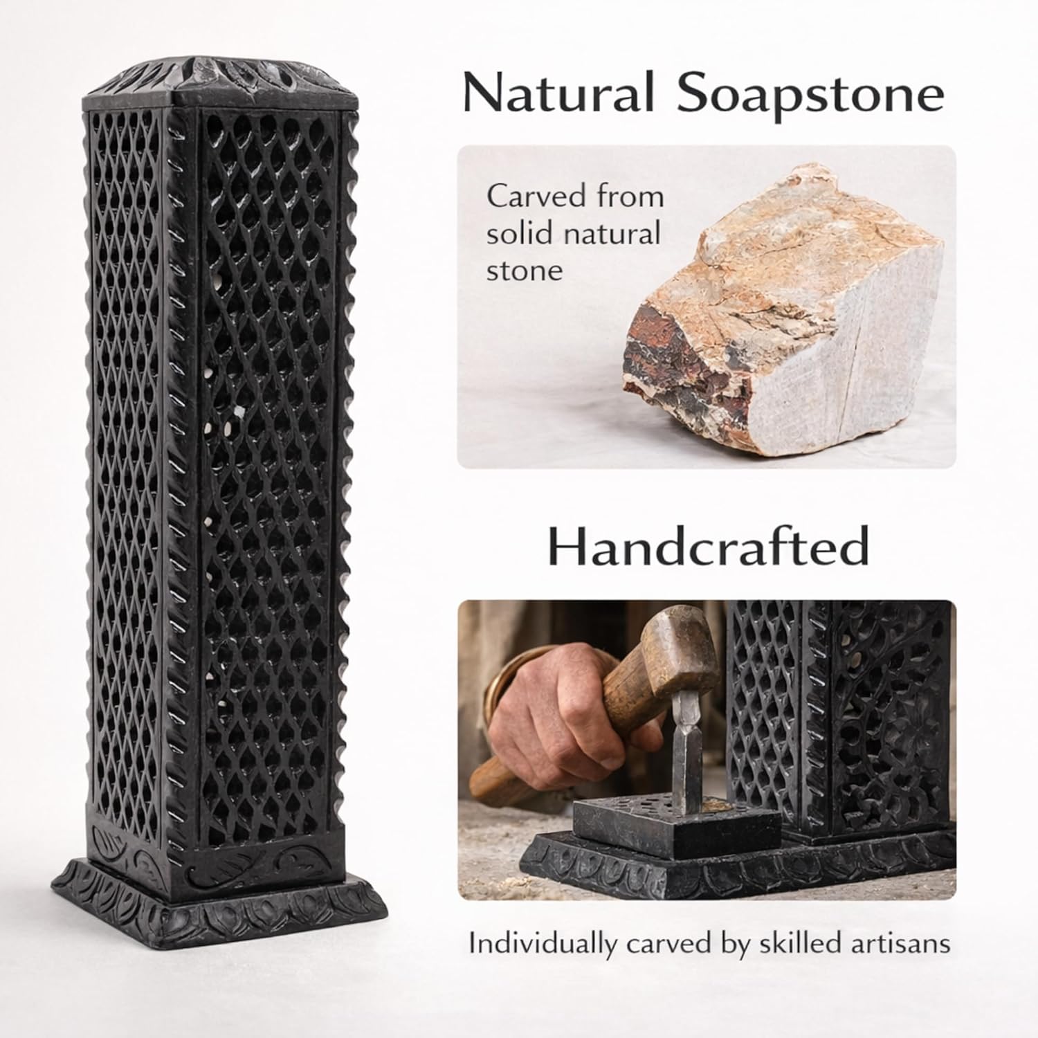 Handmade Marble Black Soapstone Incense Burner, 3x3x11 in | Candle Stick Holder, Tea Light Burner, Jaali Carving, Decorative Home & Kitchen Decor - Image 3