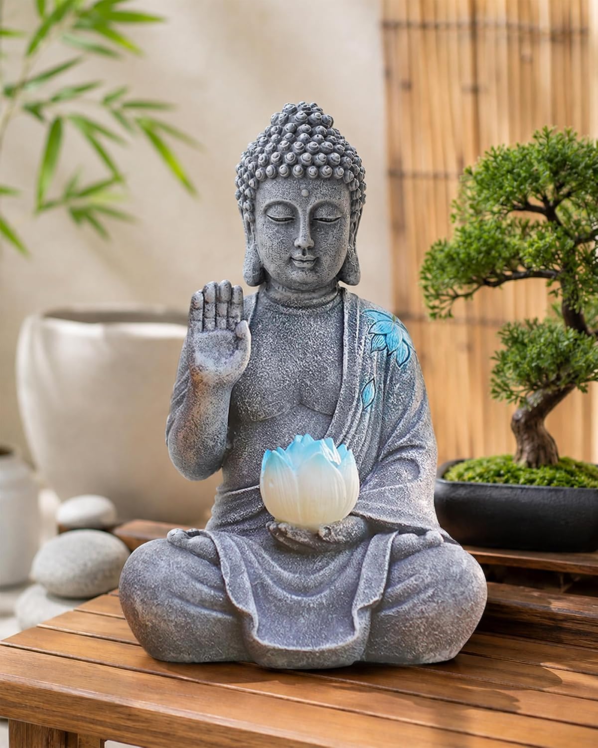 Nacome Solar Buddha Garden Statue Decor: Sitting Resin Figurine with Lotus Flower Light Zen Sculpture for Patio Lawn Yard Porch Balcony Meditation Space - 10.6 inches(Grey) - Image 7