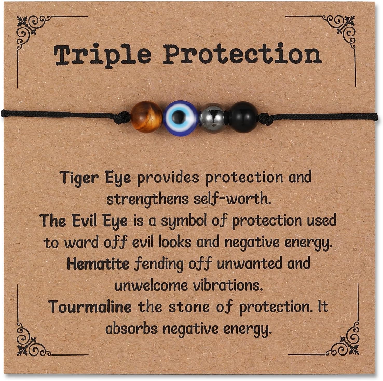 Triple Threat Protection Anxiety Relief New Beginnings Gifts for Women Men, Natural Healing Crystal Bracelet Evil Eye Moonstone Tourmaline Amethyst Jewelry for Family Friends Coworker