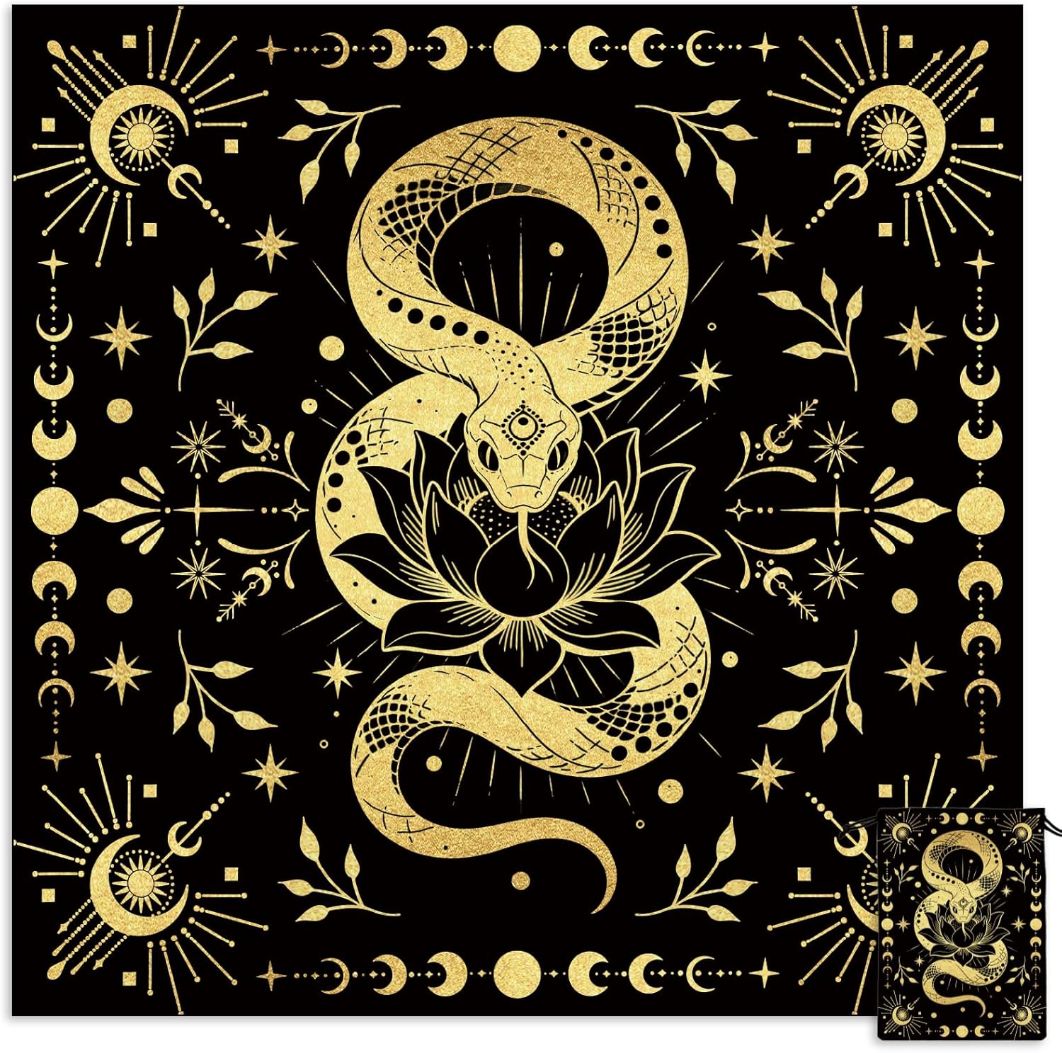 Tarot Altar Cloth Moon Snakes Lotuses Card Table Tablecloth | Black Tablecloth with Velvet Tarot Card Bag for Reading Rituals Crystals Spiritual Divination Witchcraft Supplies