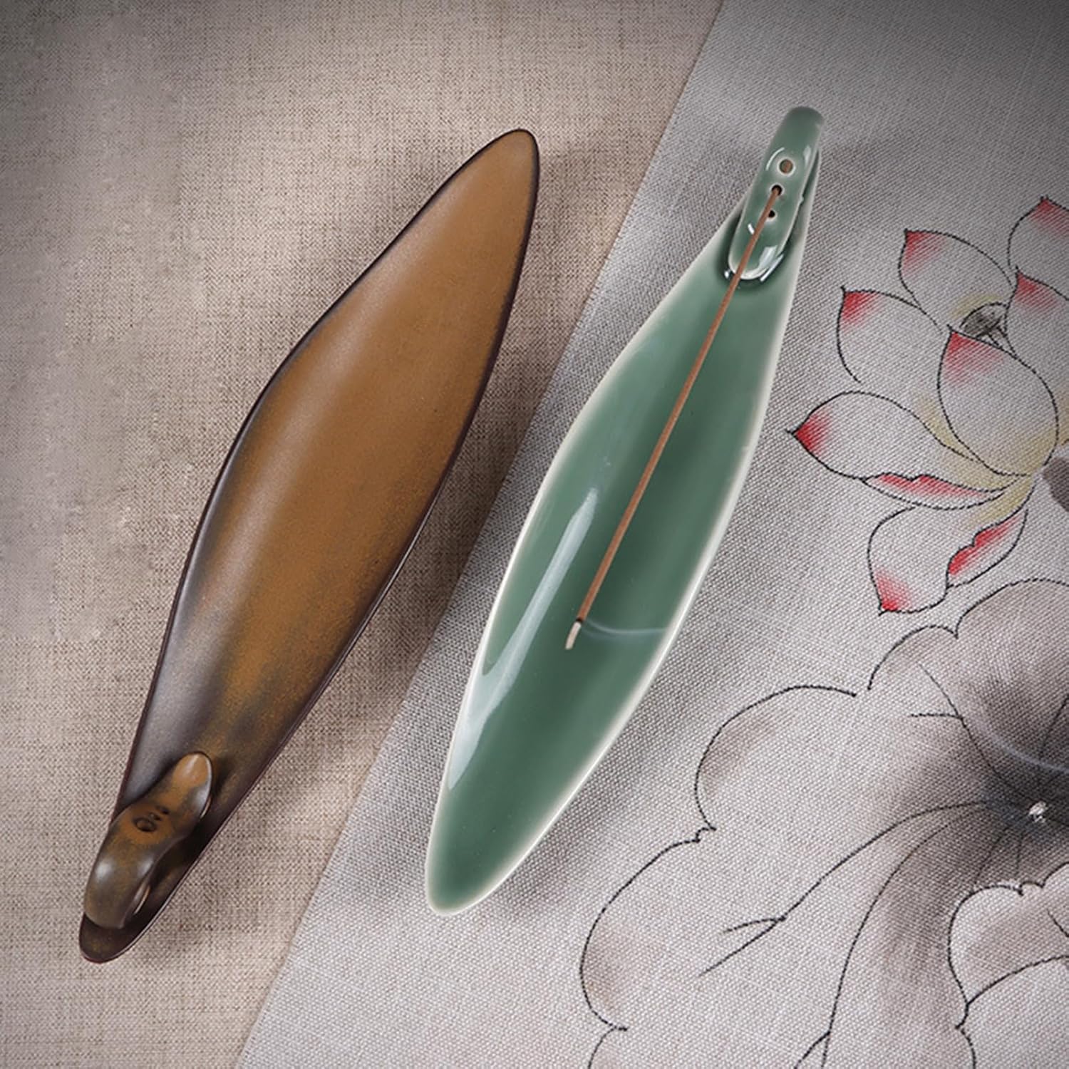 9" Length Incense Stick Holder with 3 Holes, White Porcelain Incense Tray Ash Cather for Spa, Meditation Room, Yoga, Home, Office (Green) - Image 2