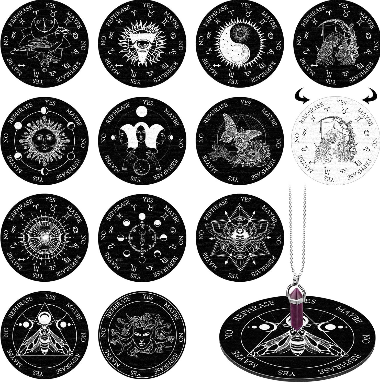 Sureio 13 Pieces Star Pendulum Board Dowsing Divination Set Included Double Sided Wooden Boards with Healing Pendulum Crystal Necklace Witchcraft Wiccan Altar Supplies