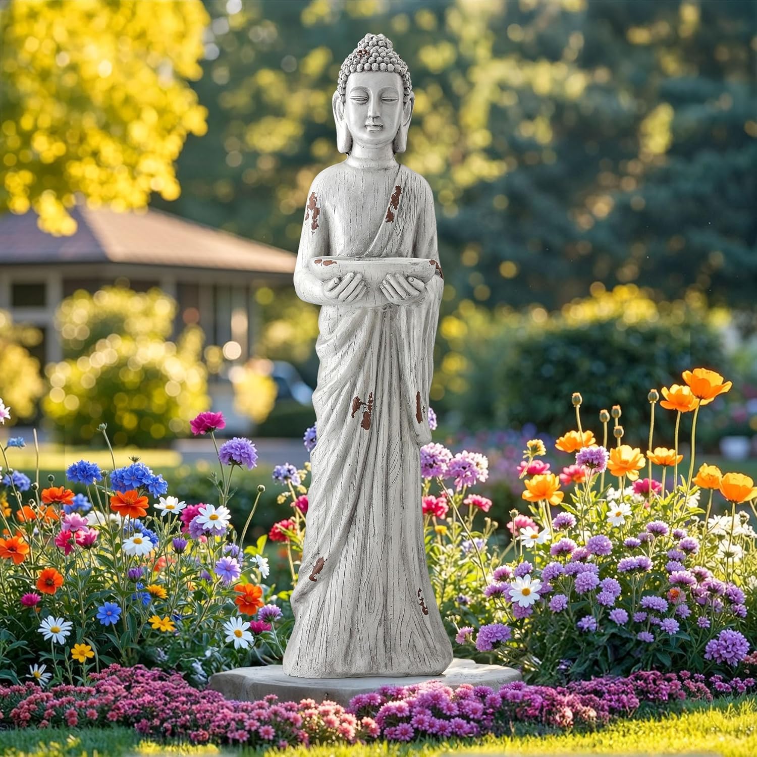 42" Extra-Large Buddha Outdoor Statue with Birdfeeder, Tall Zen Meditative Buddha Figures, Durable Weatherproof MGO Sculpture for Garden, Patio, Yard, Porch or Indoor Home Decor