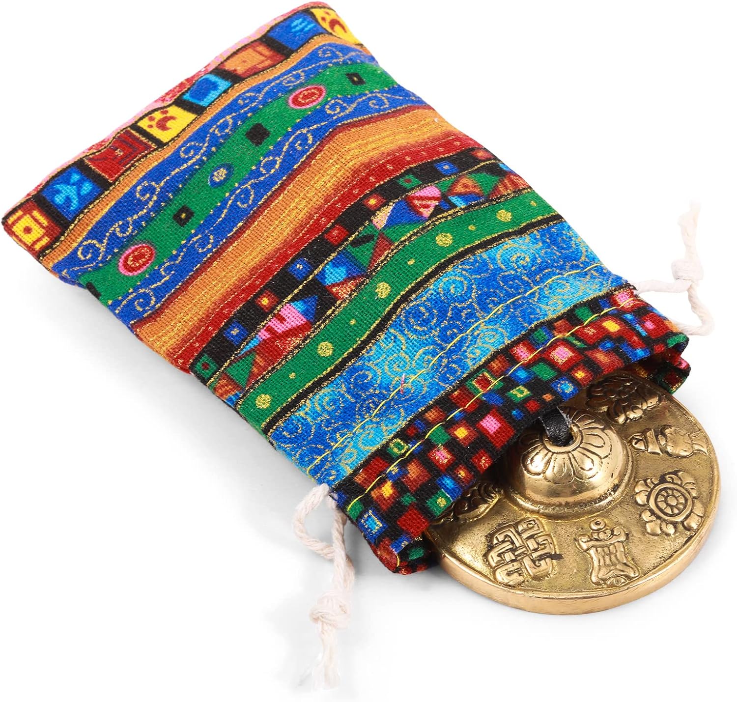 Boao Tibetan Bells Tingsha Cymbals Meditation Chime Bells with Tibetan Drawstring Cloth Bag, 6.3 cm Yoga Finger Meditation Chime for Percussion Instrument(8 Lucky Symbols Embossed) - Image 4