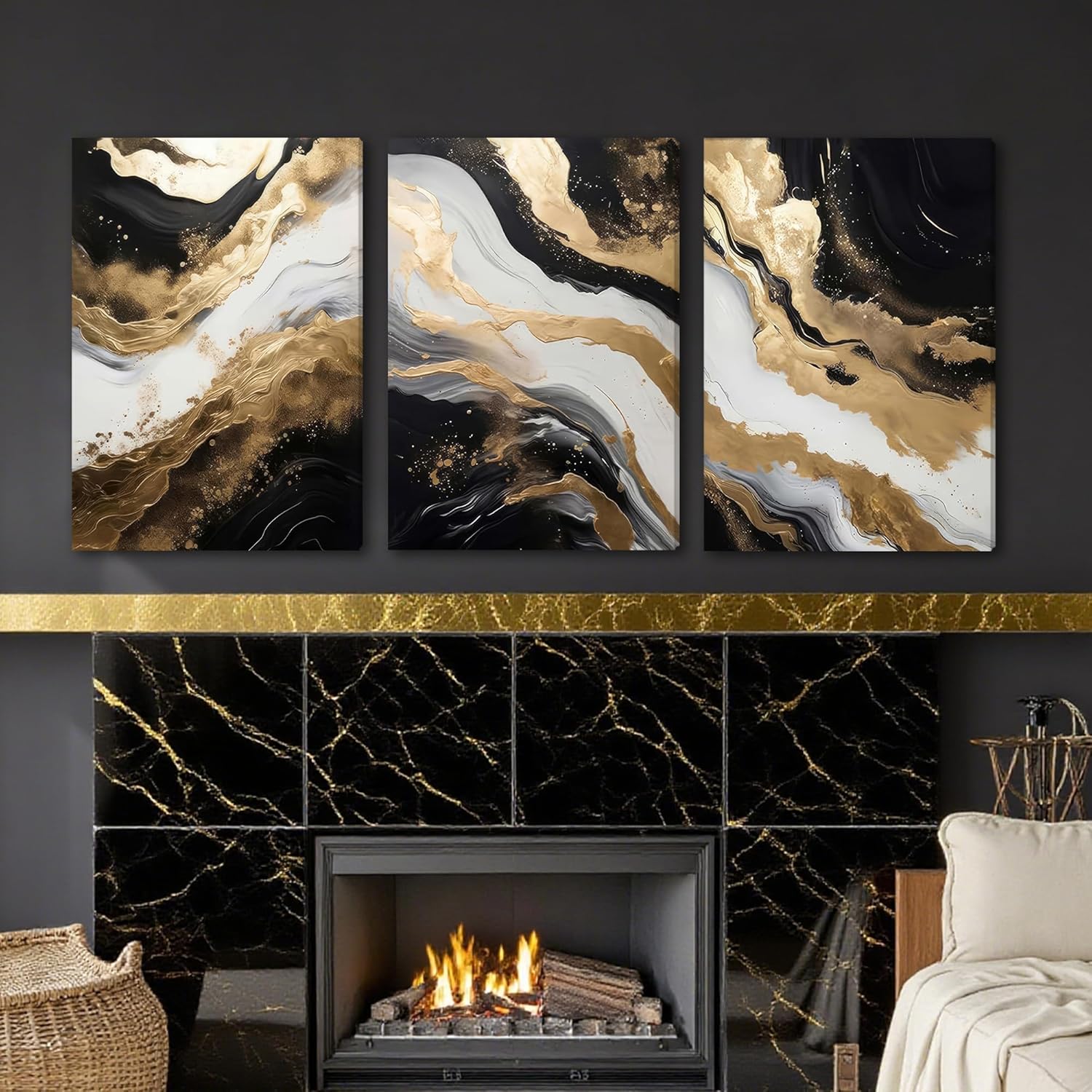 Palette Dreams 3 Piece Framed Black and White Abstract Wall Art, Black Gold Canvas Black Marble Picture Wall Decor, Modern Gold Foil Art Poster Print for Living Room Bedroom Office Bathroom 16x24 Inch - Image 4