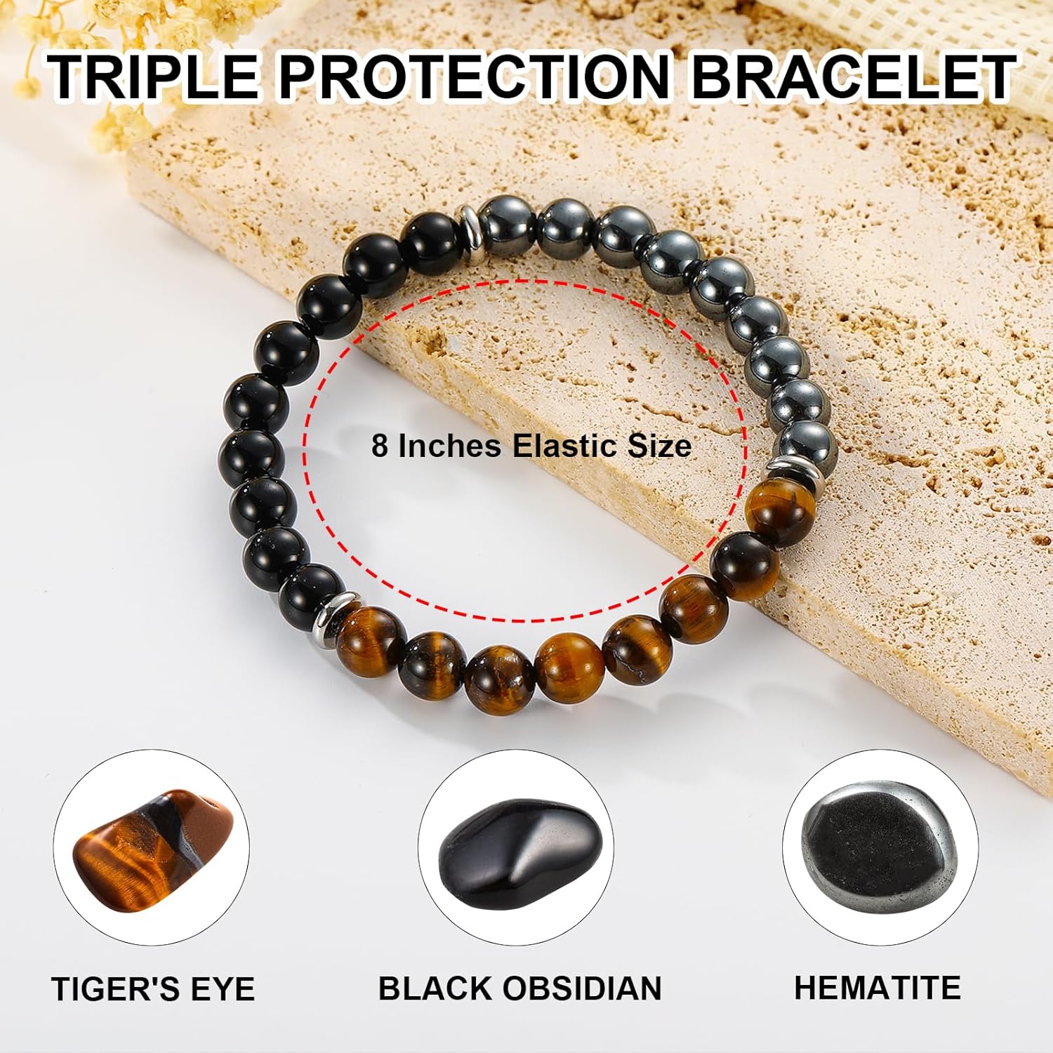 Gnamy Natural Stone Bracelet Gifts for Men- Triple Protection Hematite Black Obsidian Tiger Eye Gemstone Beaded Bracelets Birthday Healing Jewelry Gifts - Image 3