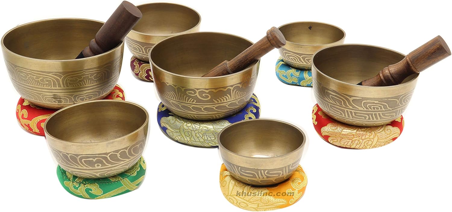 Singing Bowl Set of 7, Thadobati Design Himalayan Sound Bowl, Handcrafted, Hand hammered, Comes w/silk cushions, 3 sticks, Buddhist card, Brocade Box Ideal for Meditation, Yoga, Mindfulness Healing - Image 4