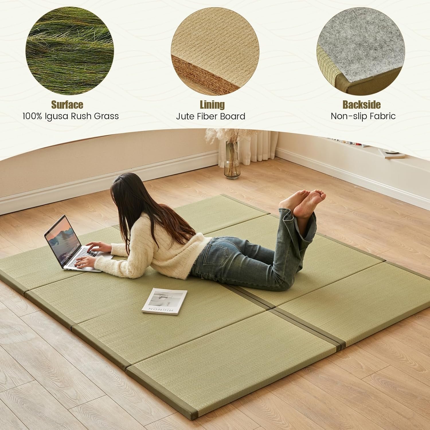 HAGiHARA Japanese Tatami Mat,Rush Grass Portable Folding Mat,Futon Mattress Traditional Floor for Meditation,Yoga,Sleeping or Summer Use,35.4"x78.7"x0.8" - Image 4