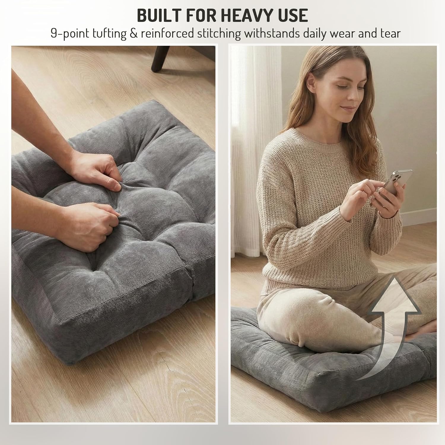 Degrees of Comfort Meditation Floor Pillow, Square Large Pillows Seating for Adults and Teens, Gray Tufted Corduroy Cushions for Yoga, Study Room, Home Office and Living Room, Grey, 22x22 Inch - Image 8