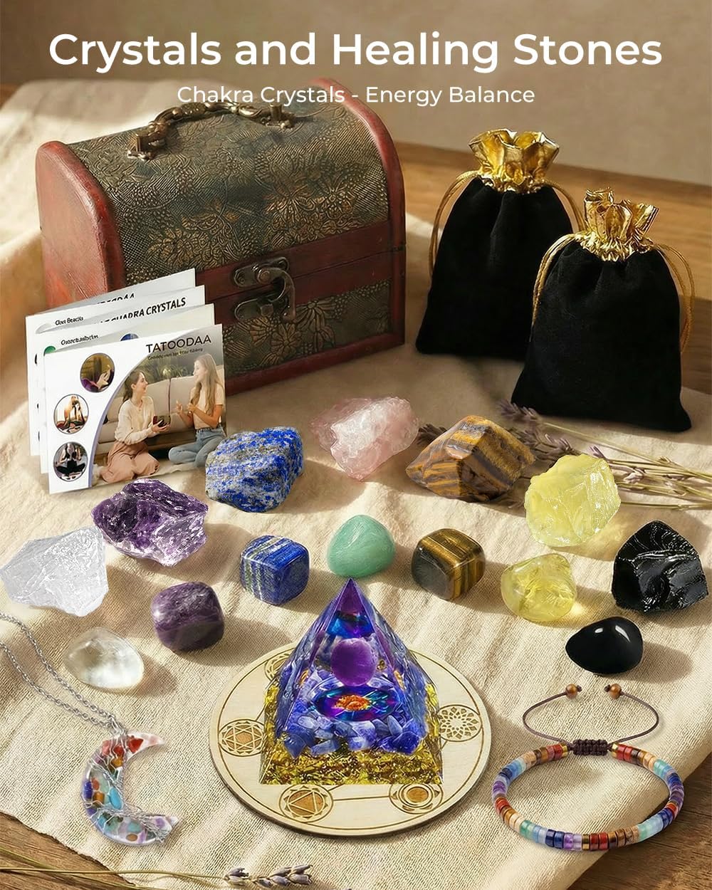 Crystals and Healing Stones Set - Chakra Crystals Gift for Women, Thumb Worry Stones, Chakra Bracelets, 7 Chakra Stones Set, Orgone Pyramid for Positive Energy Balance, Birthday Gifts for Women - Image 3