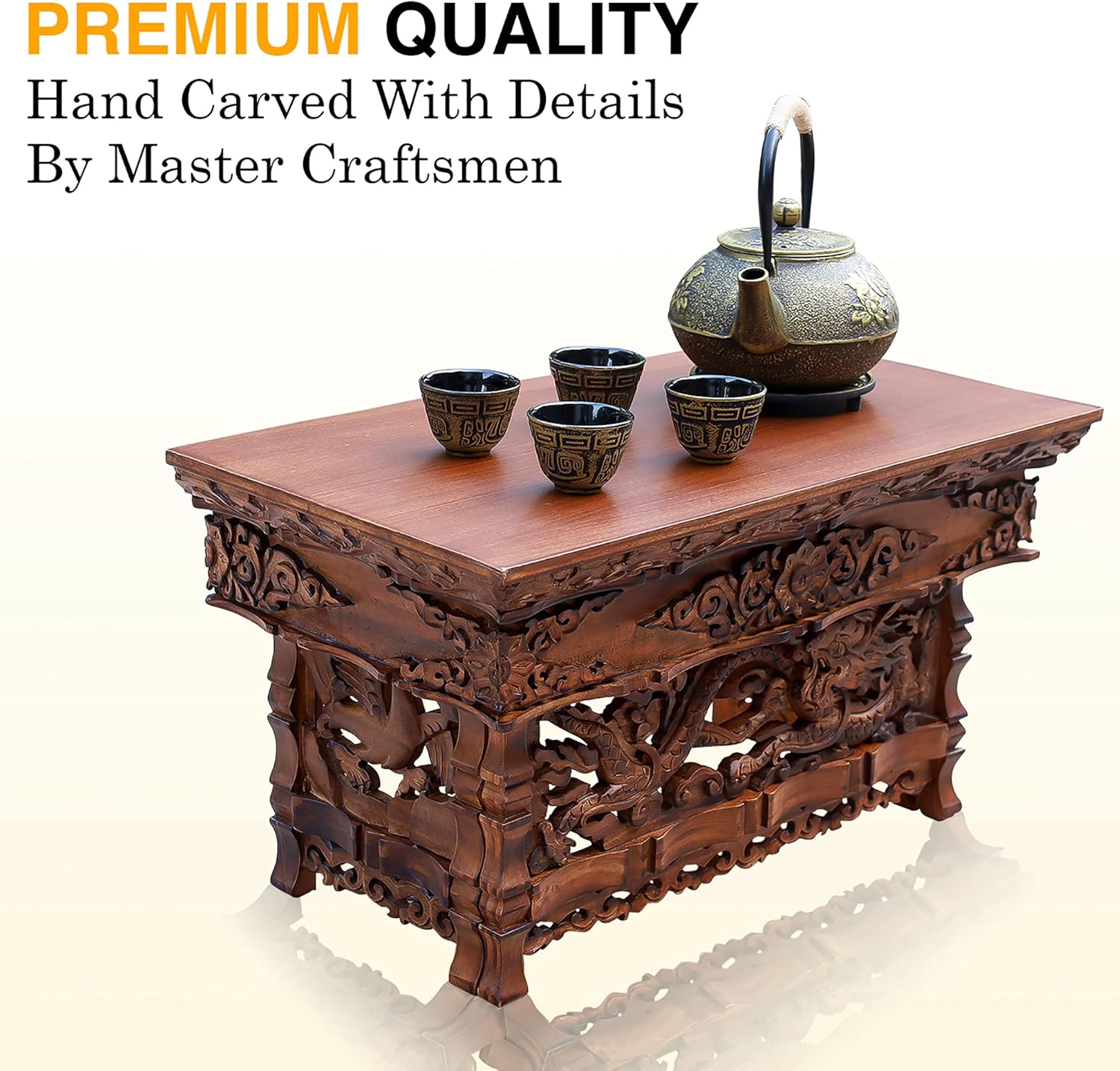 DharmaObjects Solid Indian Elm Wood Hand Carved Floor Shrine Altar Meditation Table (Large, Dark) - Image 6