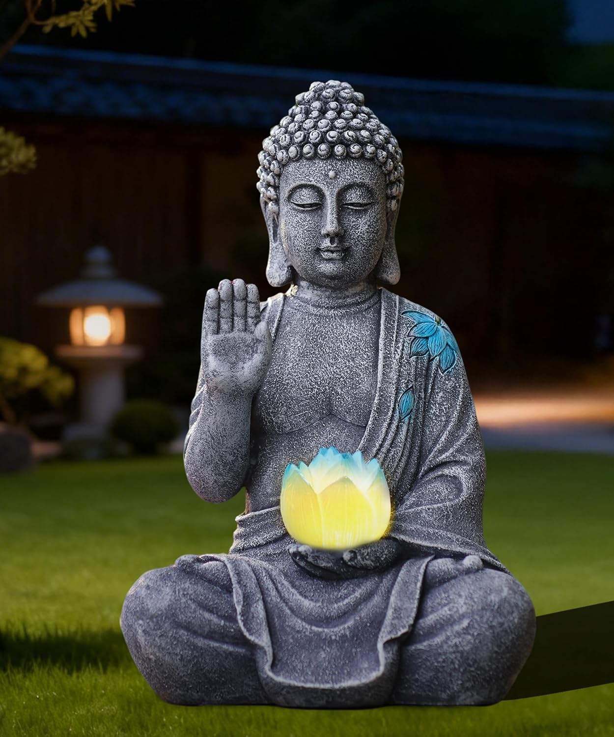 Nacome Solar Buddha Garden Statue Decor: Sitting Resin Figurine with Lotus Flower Light Zen Sculpture for Patio Lawn Yard Porch Balcony Meditation Space - 10.6 inches(Grey)