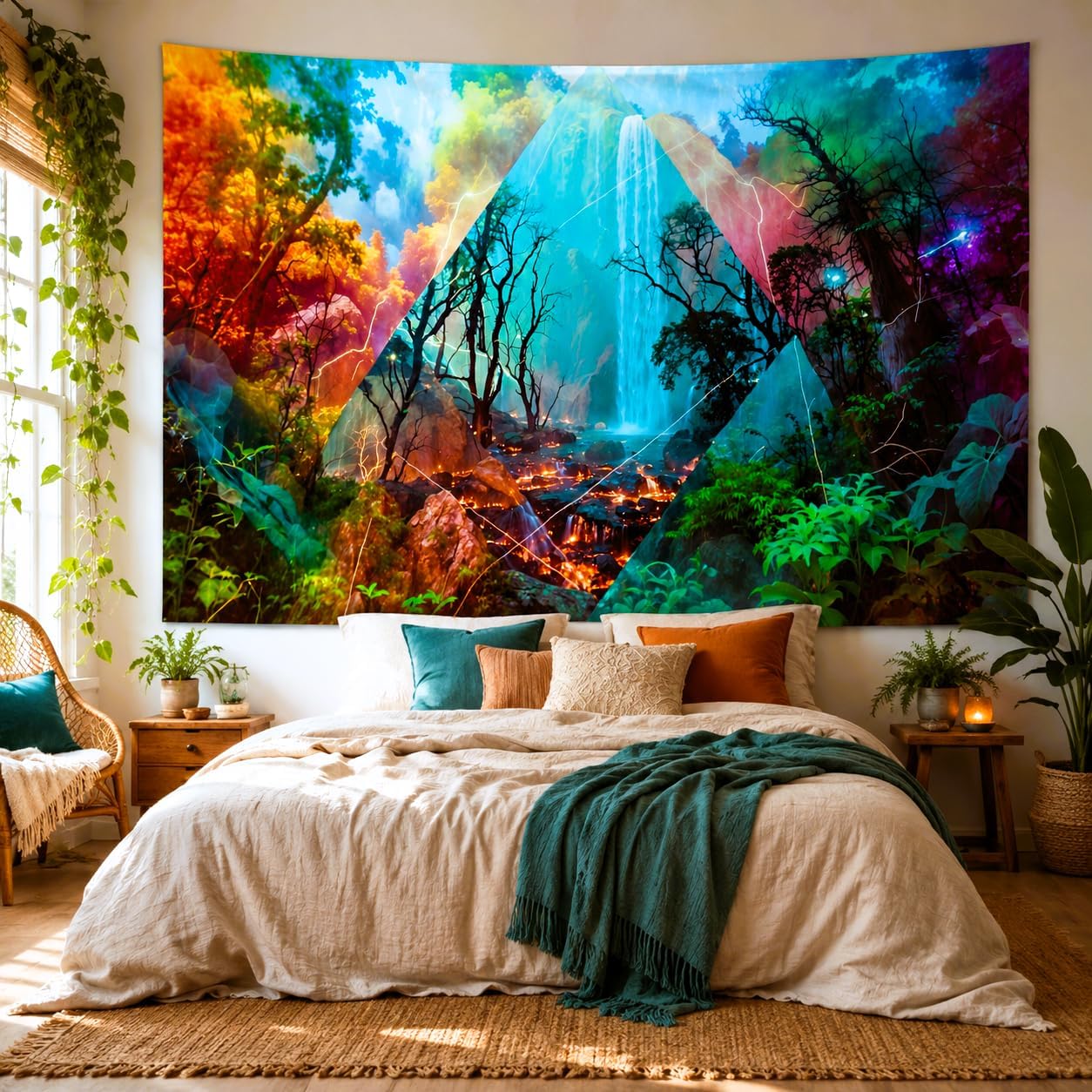 Delur Forest Tapestry Waterfall Mountain Rainforest Sunset Nature Tree Tapestry Wall Hanging Scenic Tropical Landscape Natural Sunrise Headboard for Bedroom Living Room Home Decor (51.2" x 59.1") - Image 2