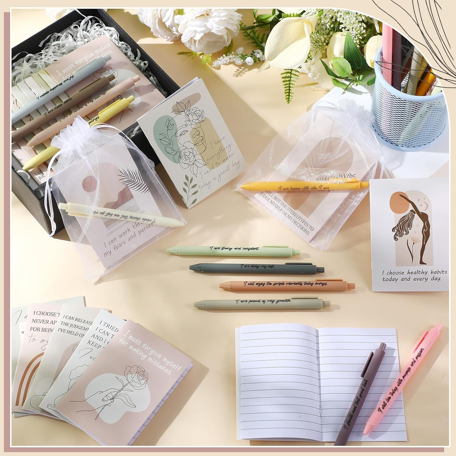Mooliwe 48 Pcs Positive Affirmation Gift Set Gratitude Notebooks with Pens Small Bags Motivational Encouragement Notepads Daily Affirmations Journal for Women Stress Relief Self Care (Boho) - Image 4
