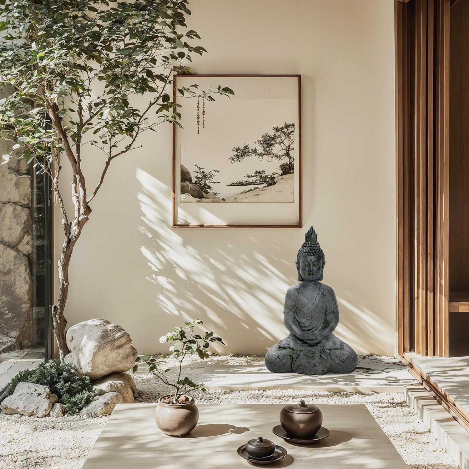 LuxenHome Large Buddha Statue Outdoor and Indoor, 22" Fiber Stone Meditating Buddhas Garden Statues Outdoor, Zen Buddha Garden Sculptures & Statues, Outdoor Statues for Patio, Backyard Deck - Image 4