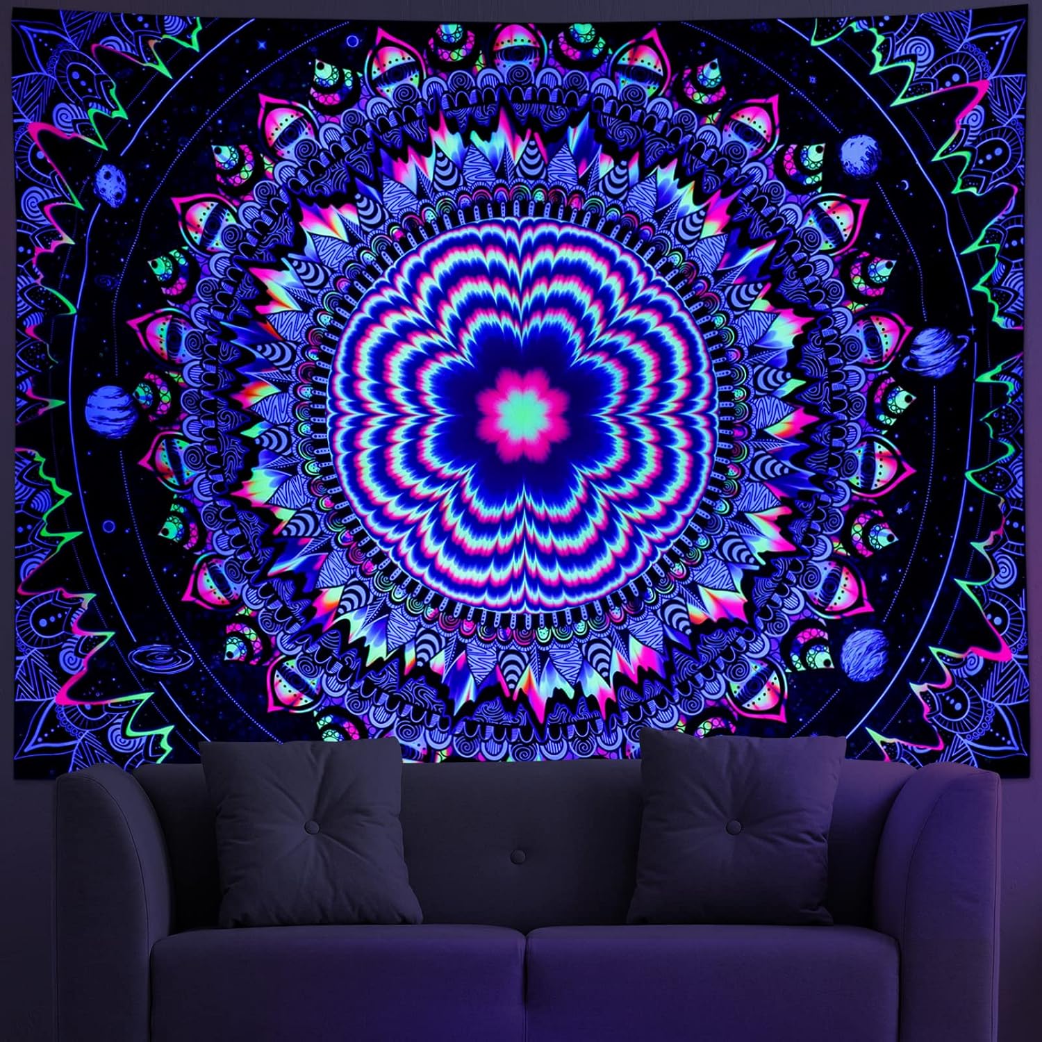 Amonercvita Blacklight Tapestry Trippy Mandala Tapestries UV Reactive Galaxy Stars Tapestry Psychedelic Neon Tapestries Wall Hanging Hippie Black Light Poster for Bedroom - Image 3