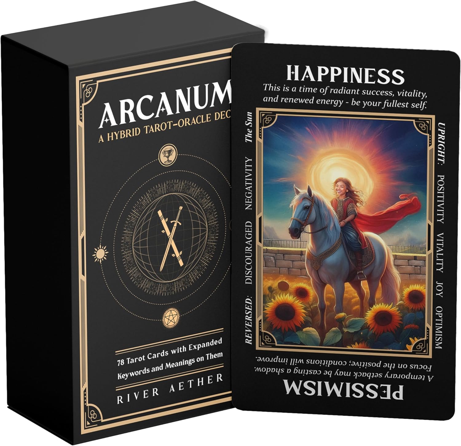 Arcanum: A Hybrid Tarot-Oracle Deck with Expanded Keywords by River Aether - 78 Tarot Cards with Meanings on Them for Beginners to Advanced Readers