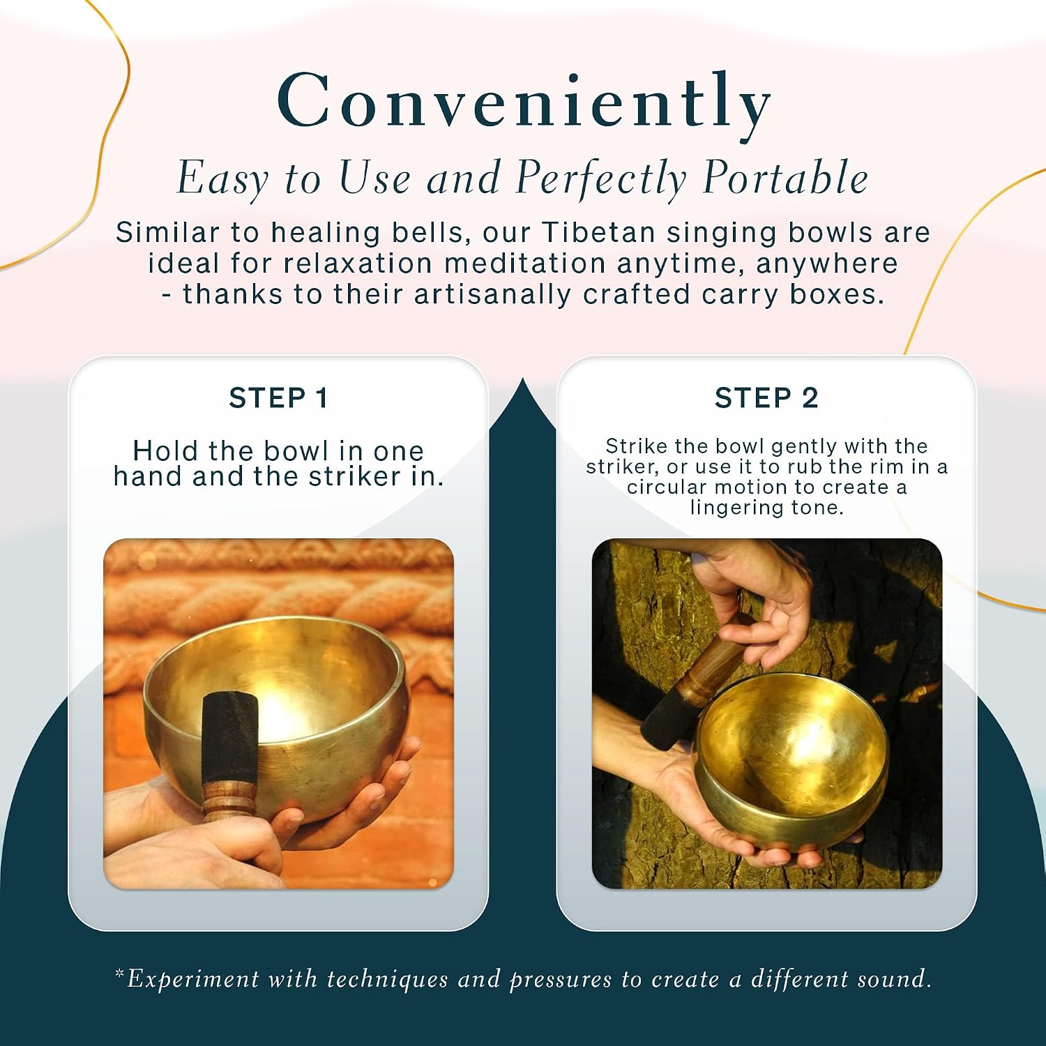 Tibetan Singing Bowl Set of 7, Handmade Singing Bowl for Meditation & Holistic Healing, Yoga Accessories, 3-5” Brass Singing Bowls with Wooden Striker, Cushion & Gold Carry Box - Image 4