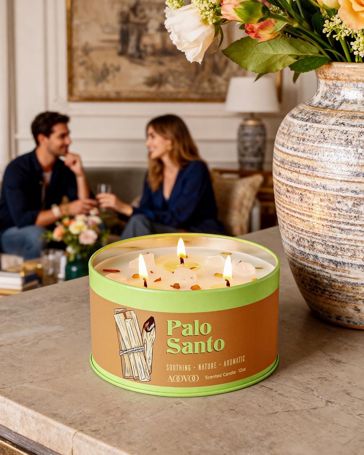 AOOVOO Palo Santo Candle for Meditation & Cleansing - 3 Wick 12oz Scented Candle with White Crystals & Palo Santo Inside, Non-Toxic Soy Candle for Spiritual Healing, Aromatherapy Gift for Women & Men - Image 7