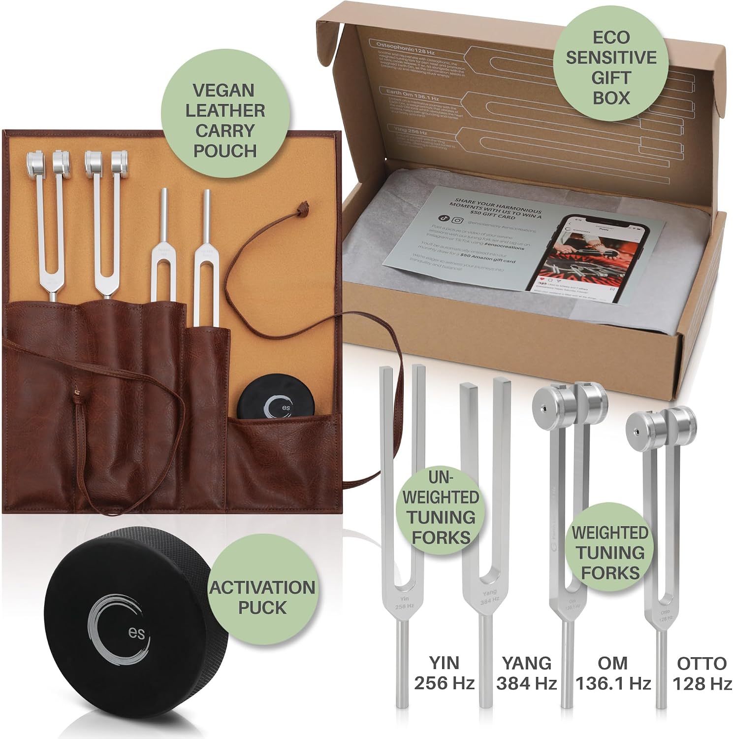 ENSO Resonance 128Hz Tuning Forks for Healing Set, Sound Healing | Lead-Free Aluminum Alloy, Weighted and Unweighted, 4 Calibrated Frequencies, Hockey-Puck Activator, Vegan-Leather Pouch - Image 8