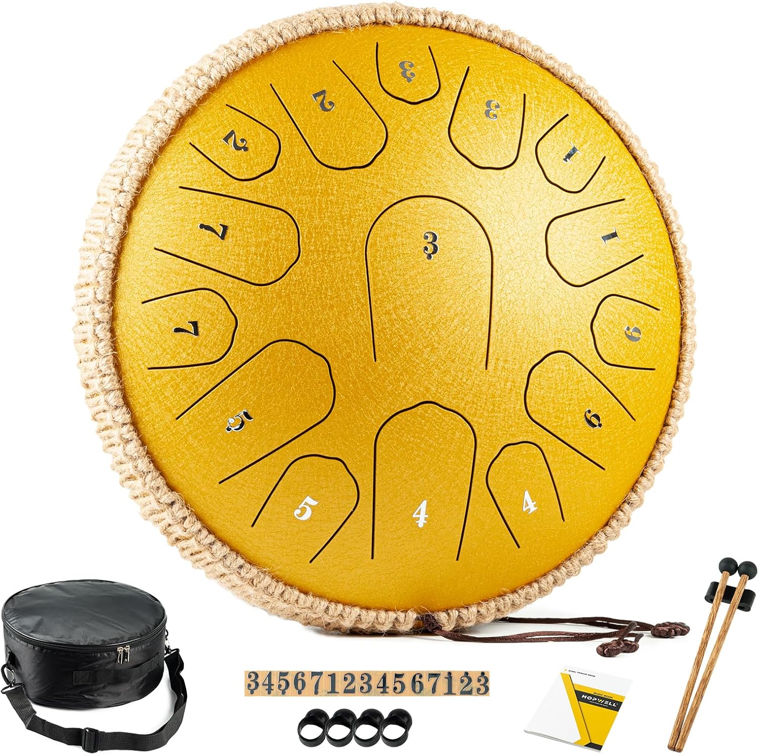 HOPWELL Steel Tongue Drum - 13 Inches 15 Notes Tongue Drum - Hand Pan Drum with Music Book, Drums Mallets and Carry Bag, D Major (Yellow)