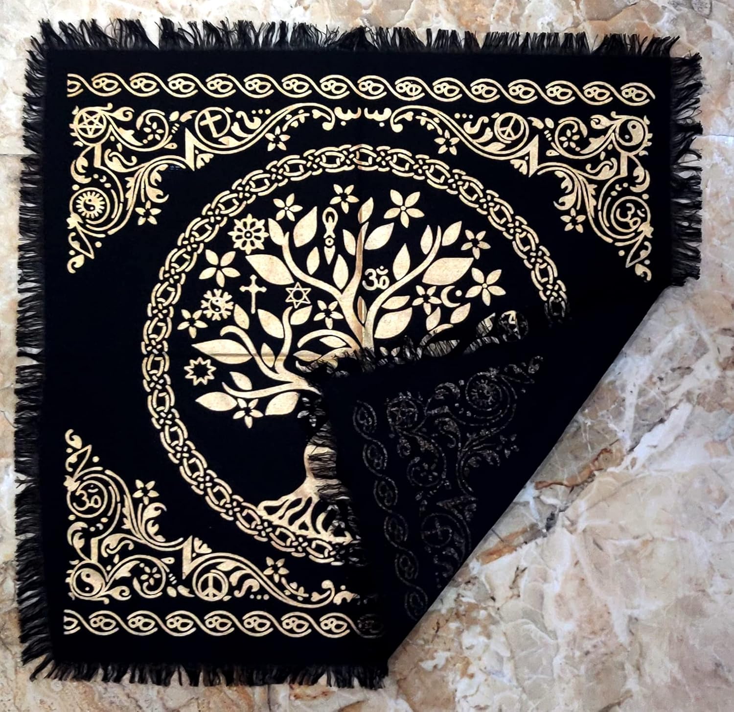 INDACORIFY Tree of Life Altar Table Top Cloth with Fringes Alter Tarot Witchcraft Spread Witchery Supplies Sacred Cloth 18x18 in (Gold Tree of Life) - Image 6