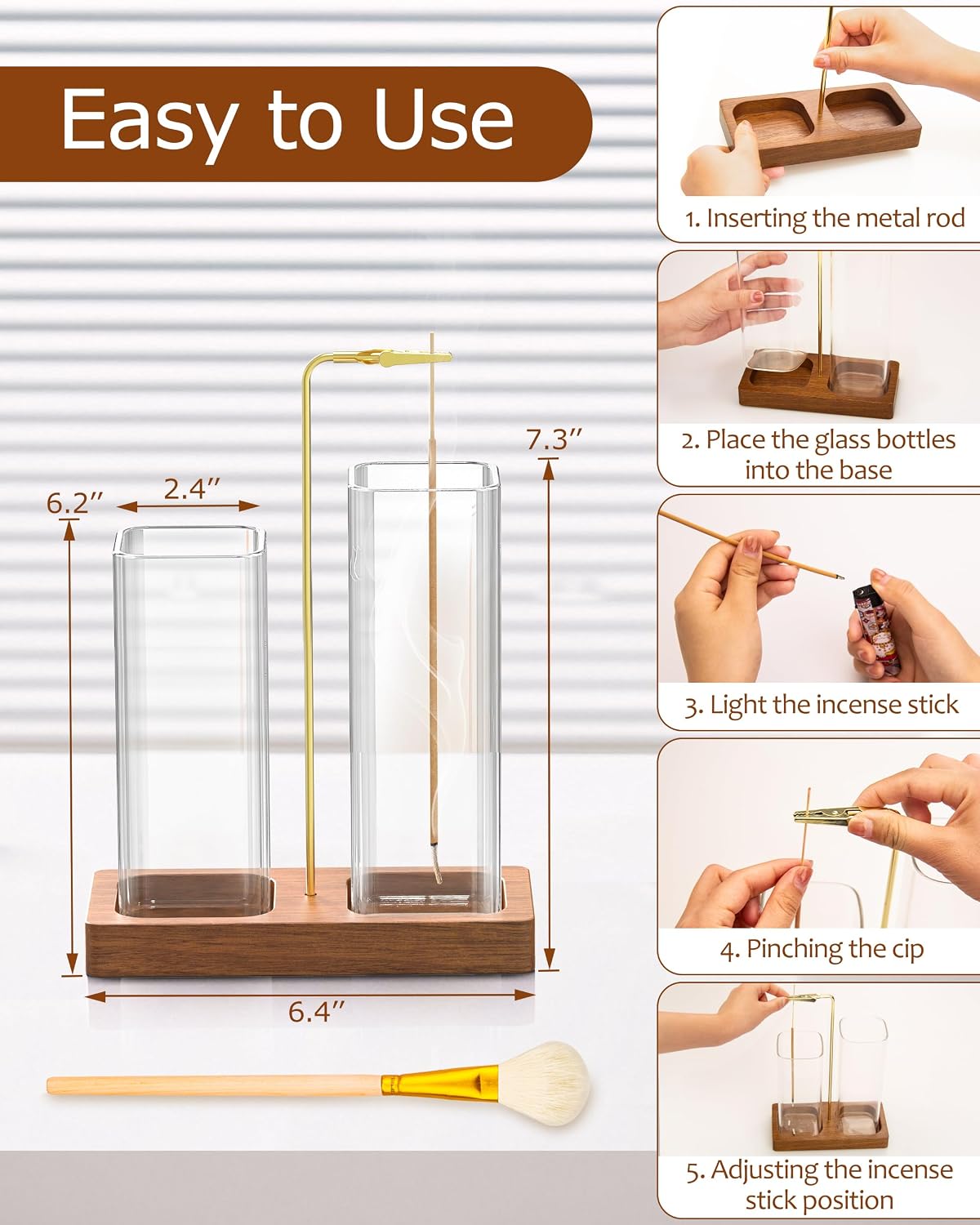 2 in 1 Incense Holder with Glass Jars, Large Incense Holder for Sticks, Upside Down Incense Burner with Ash Catcher & Storage for Meditation Yoga Spa Home Decor - 20 Incense Sticks & Brush - Image 2