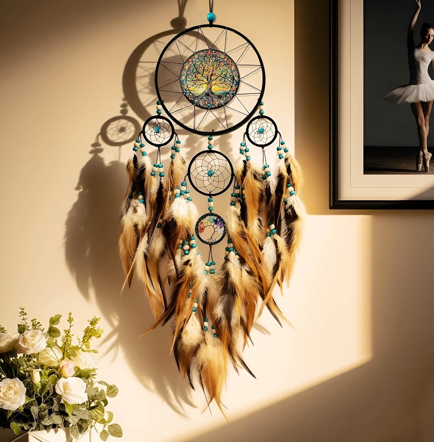 Large Dream Catchers for Bedroom Adult Brown Boho Dream Catcher Wall Decor Tree of Life Suncatcher Hanging for Boys Teen Room Decor Dorm Living Room Hanging Decoration Festival Gifts - Image 2