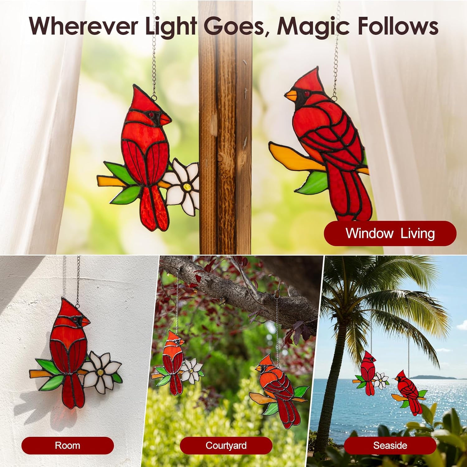 2 Pcs Cardinal Stained Glass Window Hanging Suncatchers, Sympathy Gifts for Loss of Loved One, Unique Nana Grandma Memorial Gift, Bird Decor & Christmas Ornament (6 Inch) - Image 5