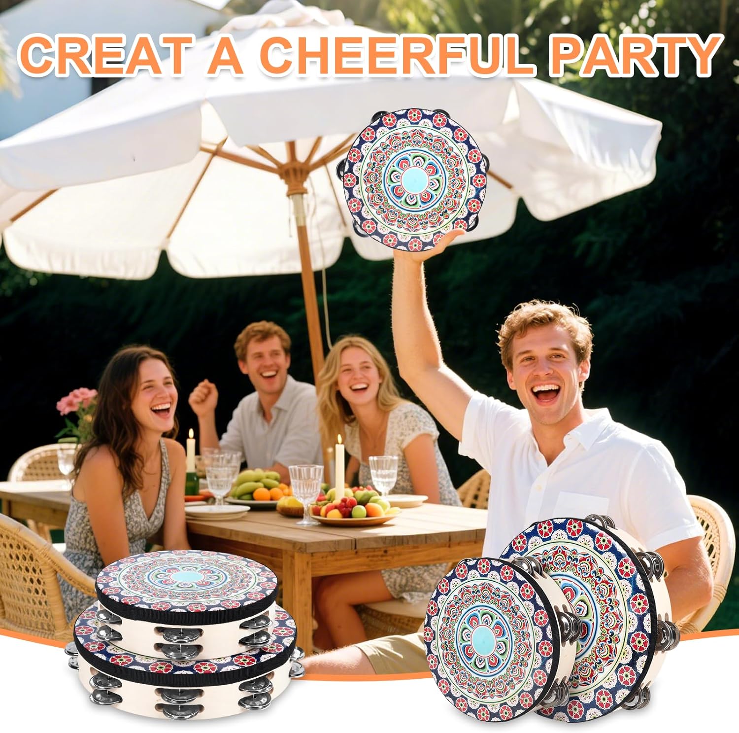 Tambourines Musical Instrument Handheld Drum: Tambourines for Adults Church 8 Inch Double Row Metal Jingles - Percussion Wooden Tambourine for Dance Wedding Party (8 inch) - Image 5