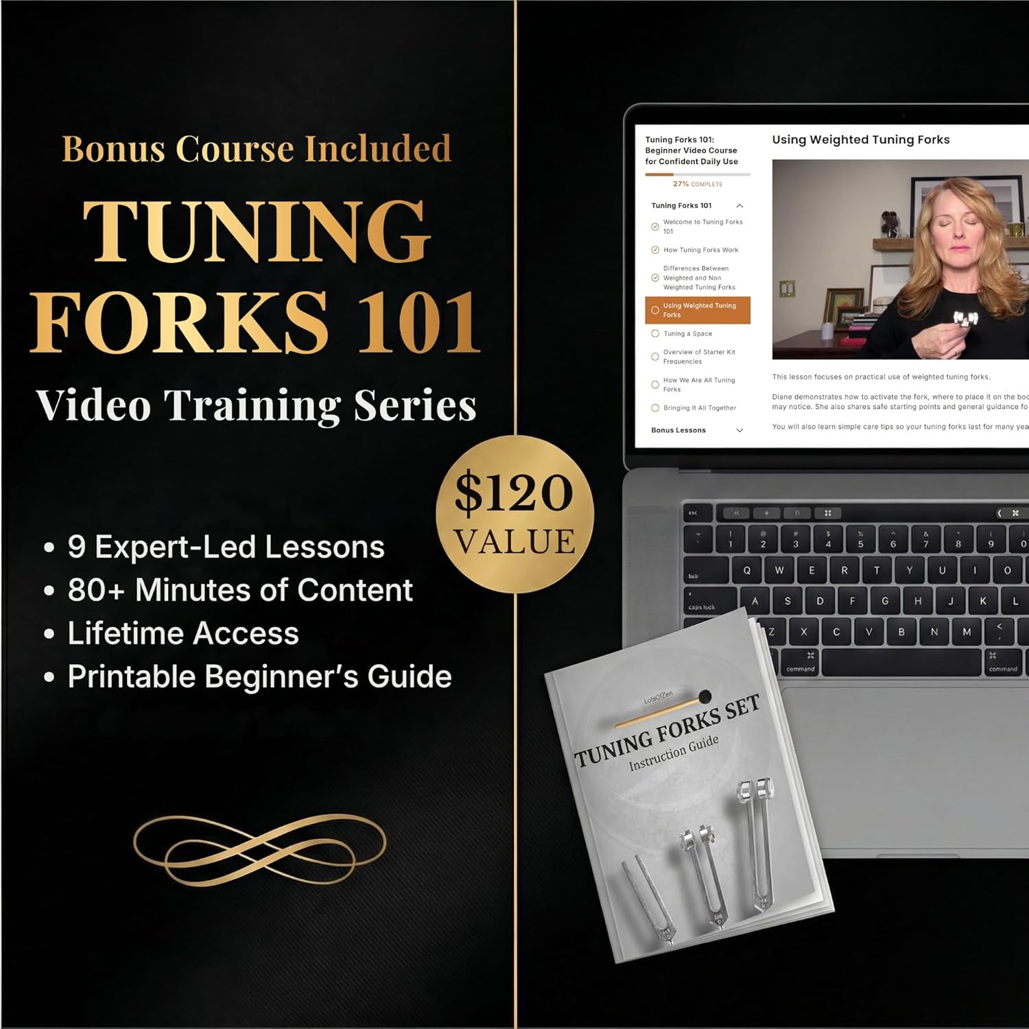 LOTS OF ZEN Tuning Fork for Healing Set (128Hz, 256Hz, 512Hz) | Sound Therapy, Chakra Balance & Grounding, Weighted & Unweighted, 80-Min Expert Video Course, Mallet & Velvet Pouches - Image 3