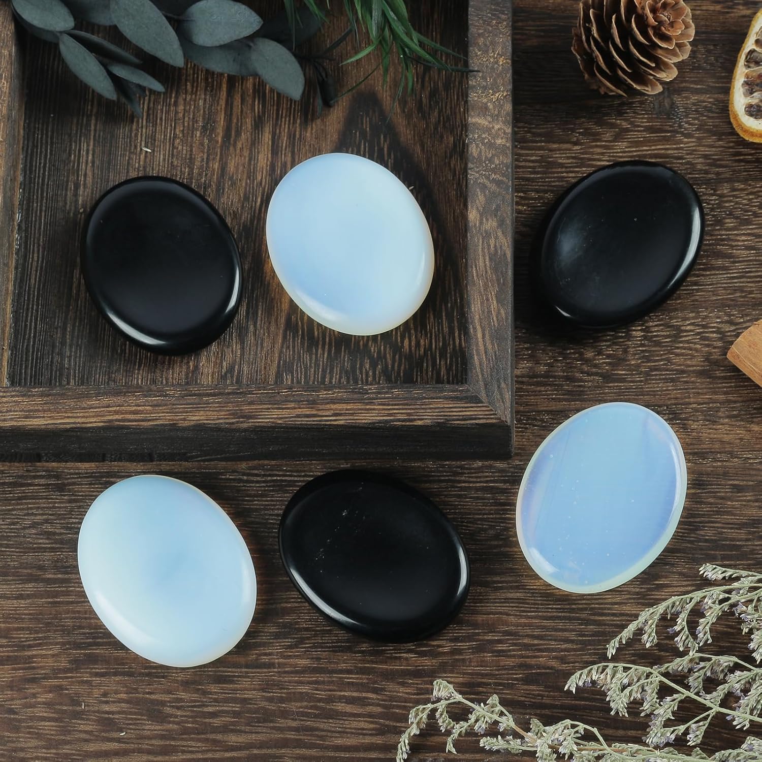 Healing Crystal Thumb Worry Stone Set of 2, Palm Pocket Stones for Meditation, Stress Relief Gemstone Gift for Women,Black Obsidian and Opalite(Synthetic) - Image 5