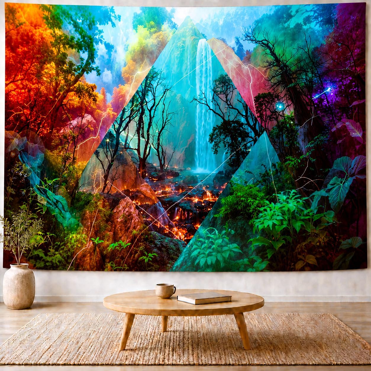 Delur Forest Tapestry Waterfall Mountain Rainforest Sunset Nature Tree Tapestry Wall Hanging Scenic Tropical Landscape Natural Sunrise Headboard for Bedroom Living Room Home Decor (51.2" x 59.1")