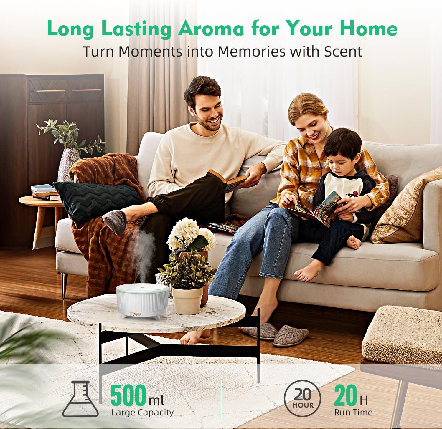 20-Hour Long-Lasting Aromatherapy, 500ML Large Essential Oil Diffuser: Ultrasonic Cool Mist Humidifier with Remote Control, 7 Color Lights, Timer, Auto-Off for Home/Bedroom/Yoga (White) - Image 5