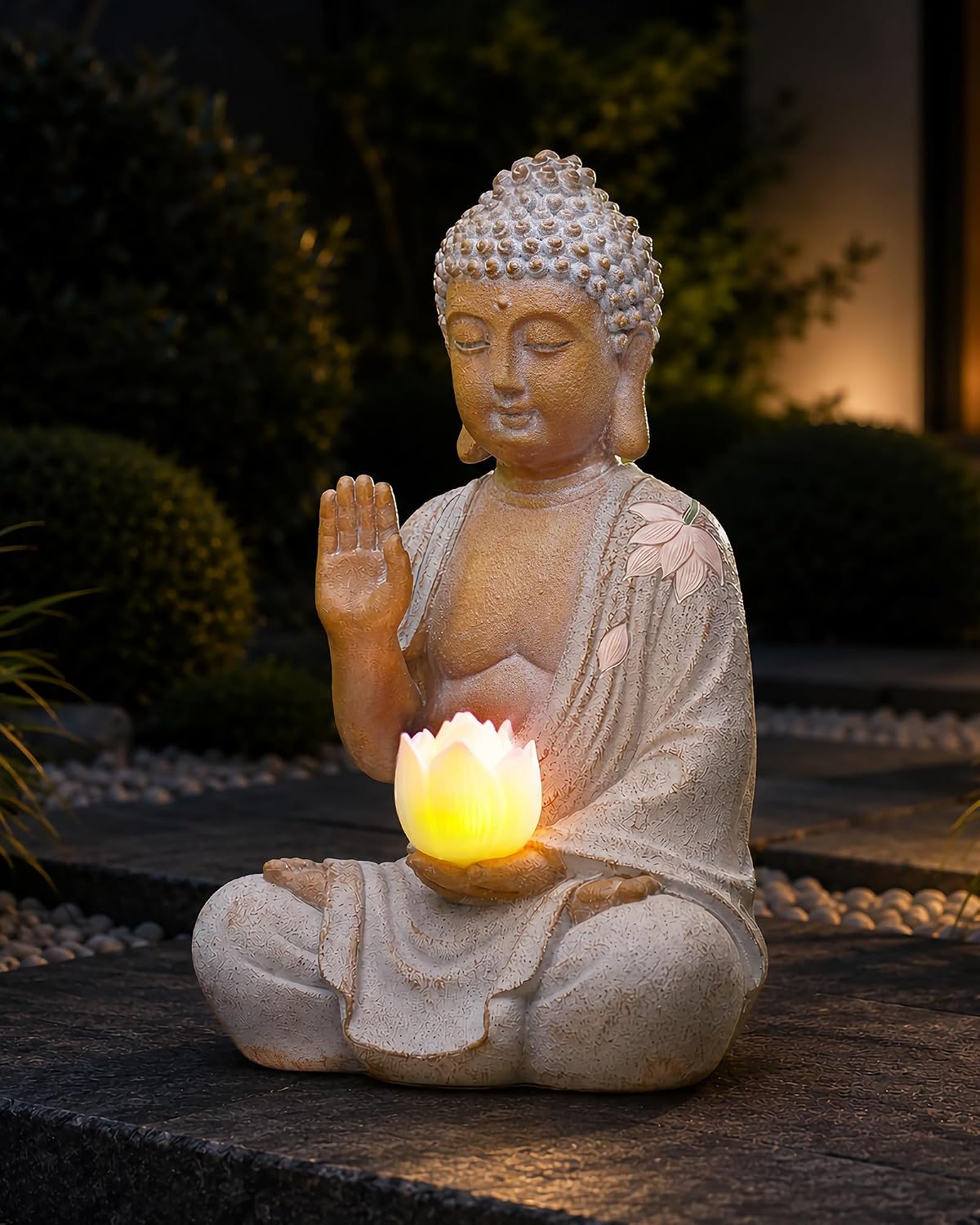 Nacome Solar Buddha Garden Statue Decor: Sitting Resin Figurine with Lotus Flower Light Zen Sculpture for Patio Lawn Yard Porch Balcony Meditation Space - 10.6 inches(White)