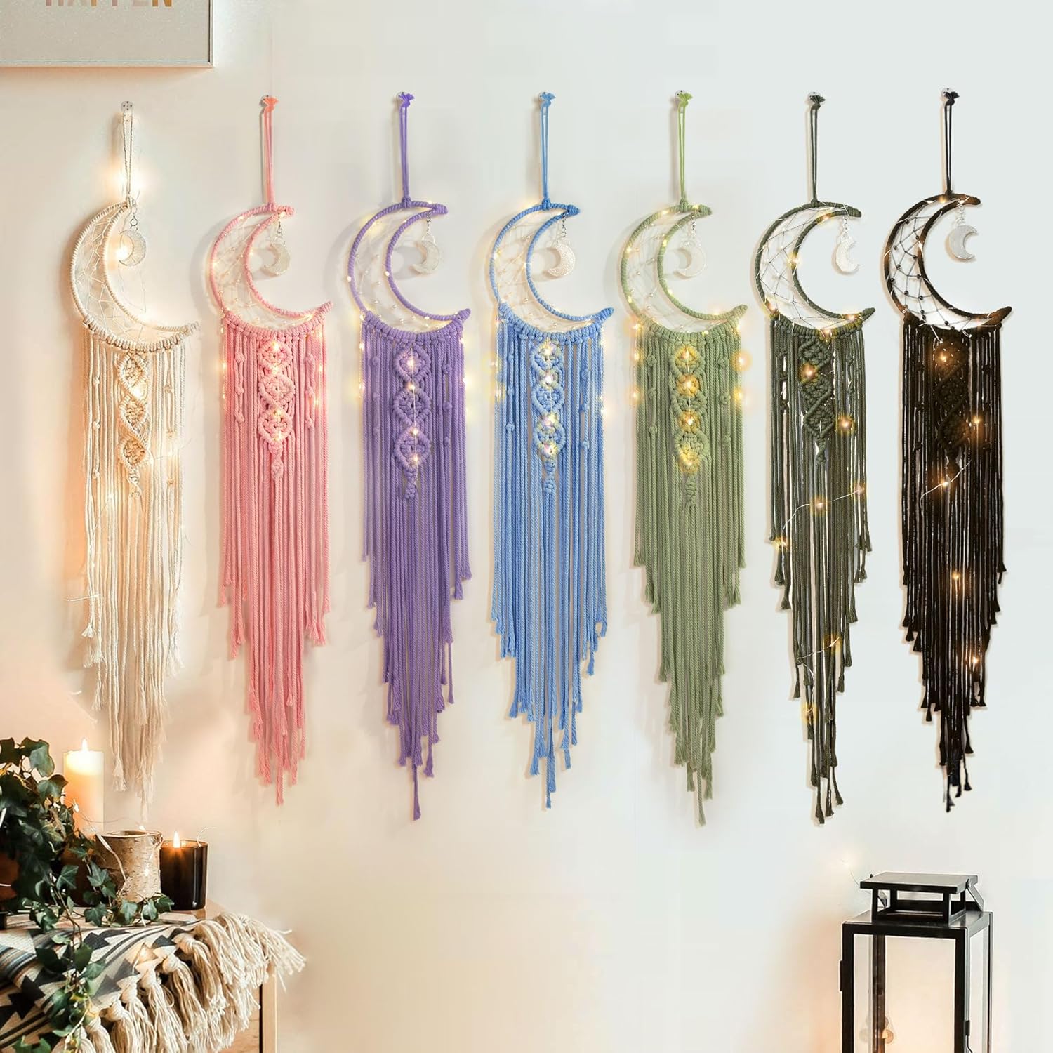 Boho Macrame Woven Wall Hanging, Crochet Crescent Moon Star Dream Catcher with Long Tassel- White Cotton Handmade Bohemian Home Decor Decoration Art Craft for Kids Bedroom Dorm Room - Image 5