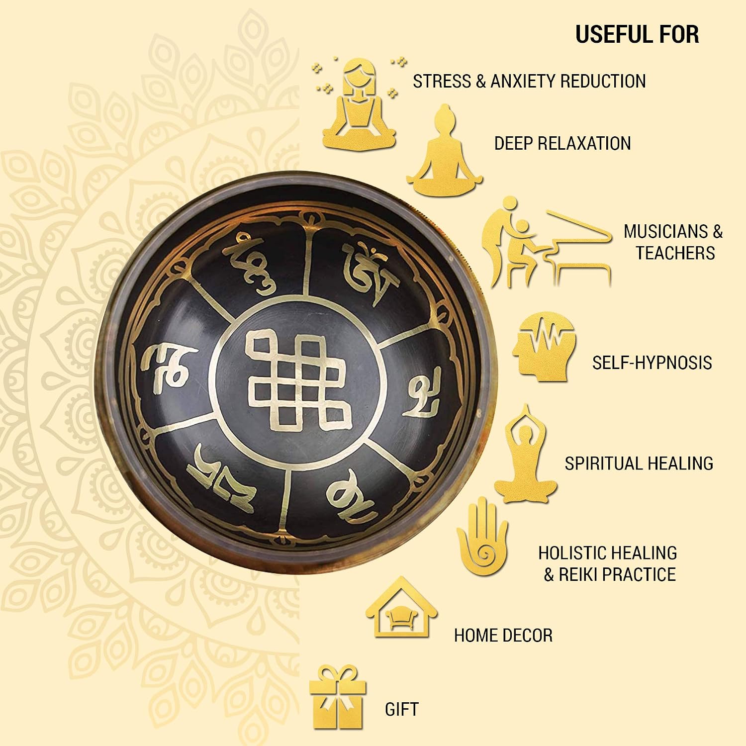 Tibetan Singing Bowl Set Bronze - Master Healing Grade - With Tibetan Thangka Art - Pure Tone By HIMALAYAN BAZAAR (Black & Yellow) - Image 6