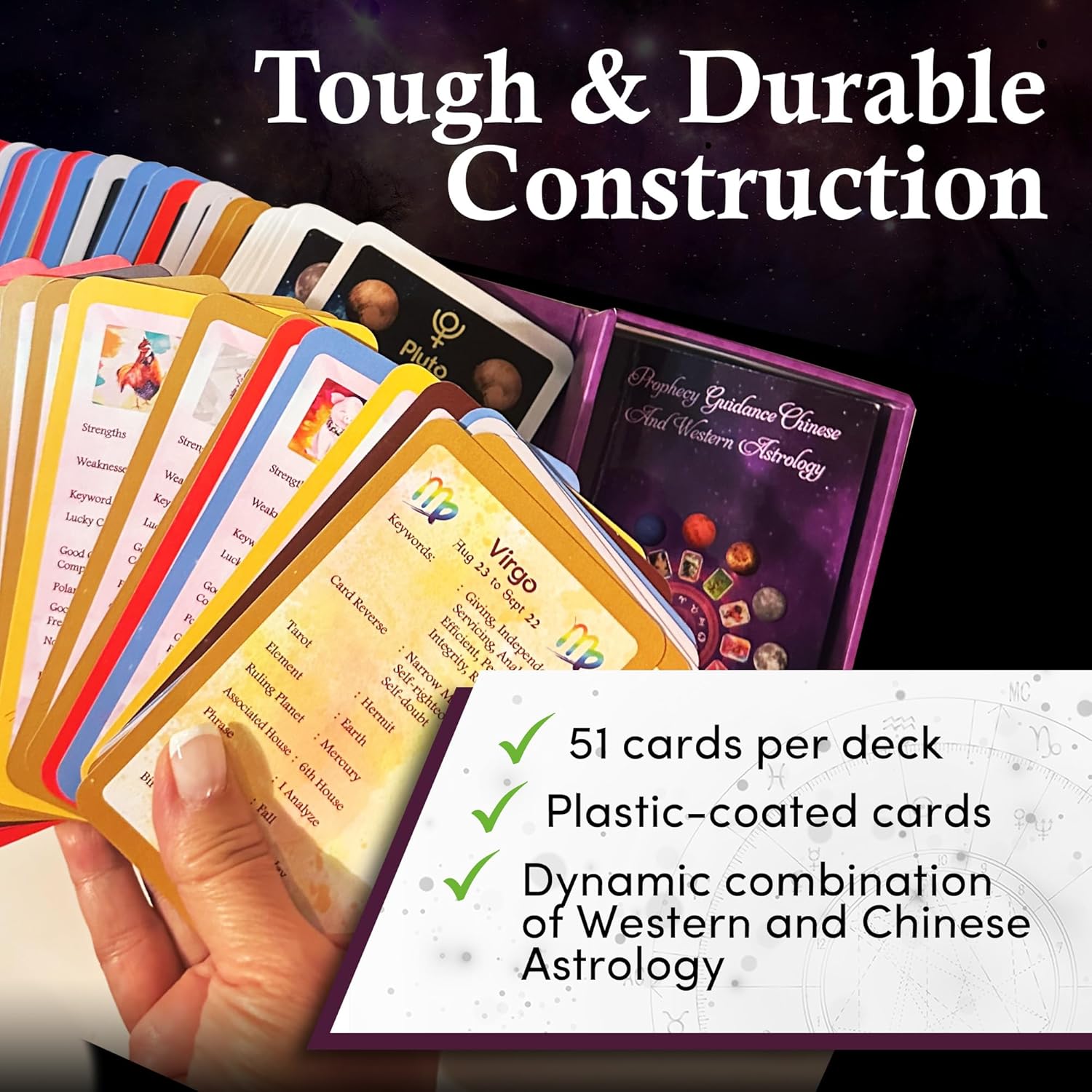 Astrology Learning Oracle Deck – Western & Chinese Zodiac Reading, Prophecy Guidance with Keywords, Color-Coded Elements, Easy-to-Learn Guidebook (51-Card Set) - Image 4