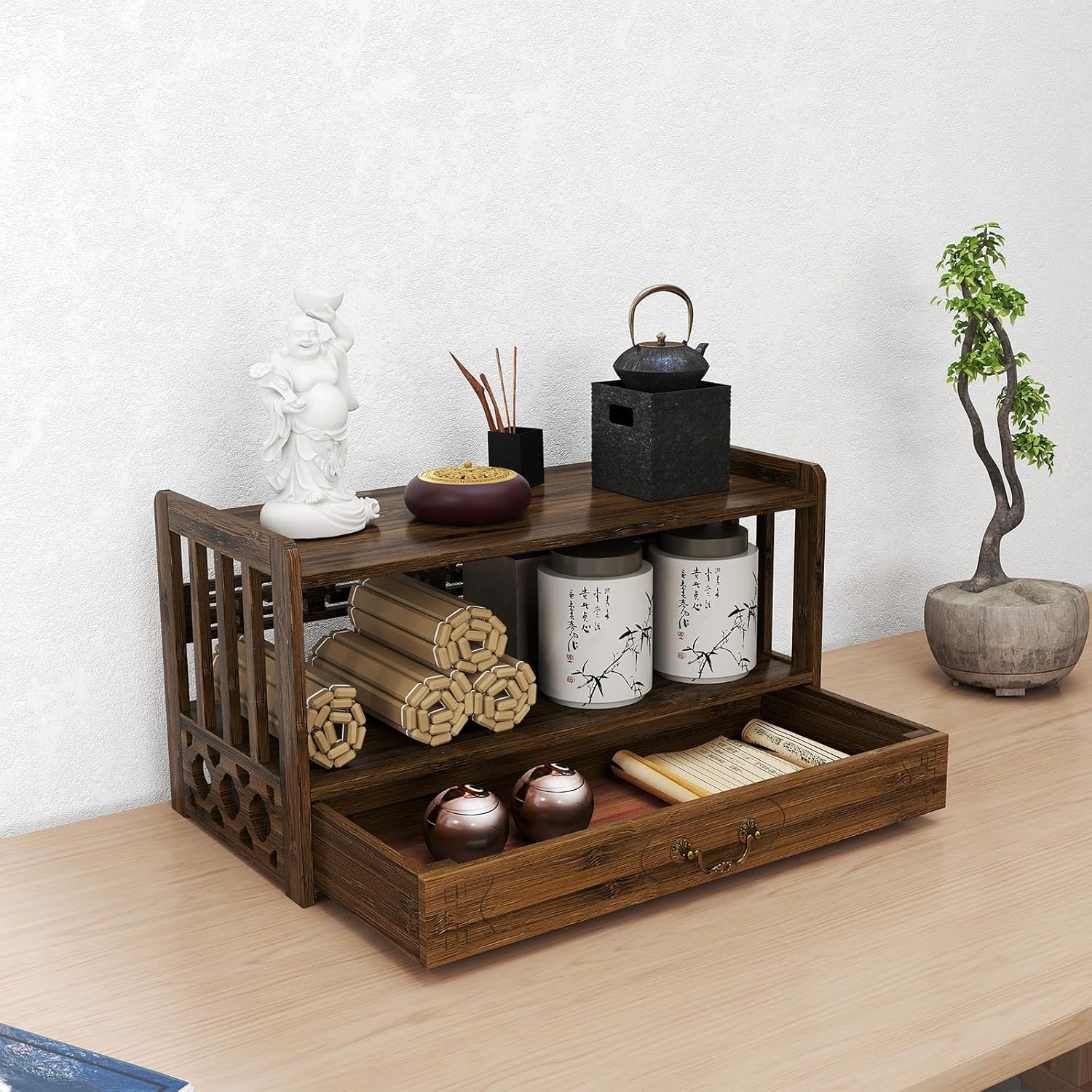 ikare Meditation Altar Table, Altar Table with Drawer, Puja Table for Home, Meditation Table for Prayers, Divination, Worship or Bamboo Furniture for Displaying Jars, Plants and Books (52cm) - Image 5