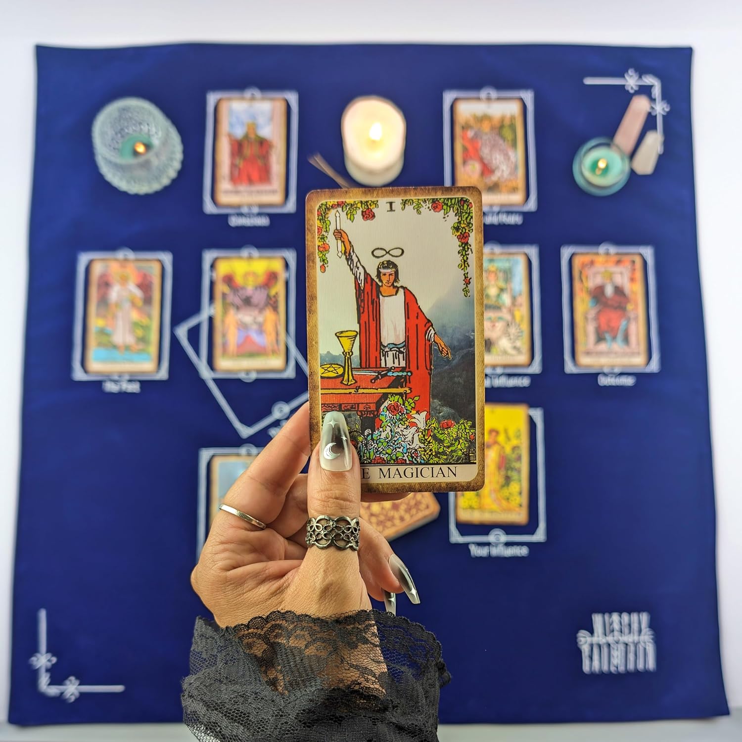 Witchy Cauldron Tarot Reading Cloth for Beginners - 27"x27" Velvet Altar Cloth with Celtic Cross Card Placement Guide, Reversible Satin Back, Works with Oracle Cards, Blue - Image 9