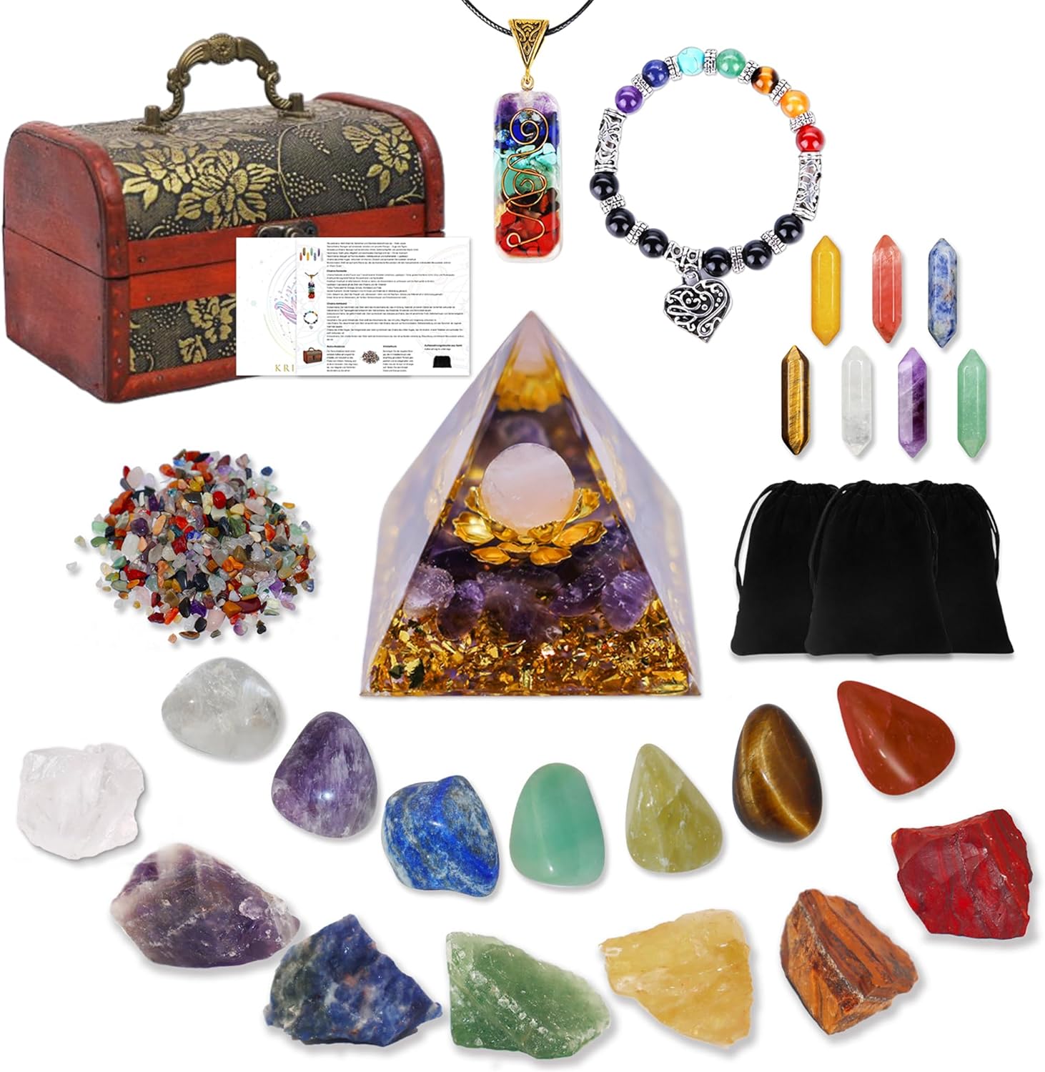 Chakra Healing Stones Set - 7 Raw & 7 Tumbled Crystals with 7 Bullet Shaped Stones, Chakra Necklace, Healing Bracelet & Orgone Pyramid - Spiritual Gift for Reiki, Meditation, Energy Balancing