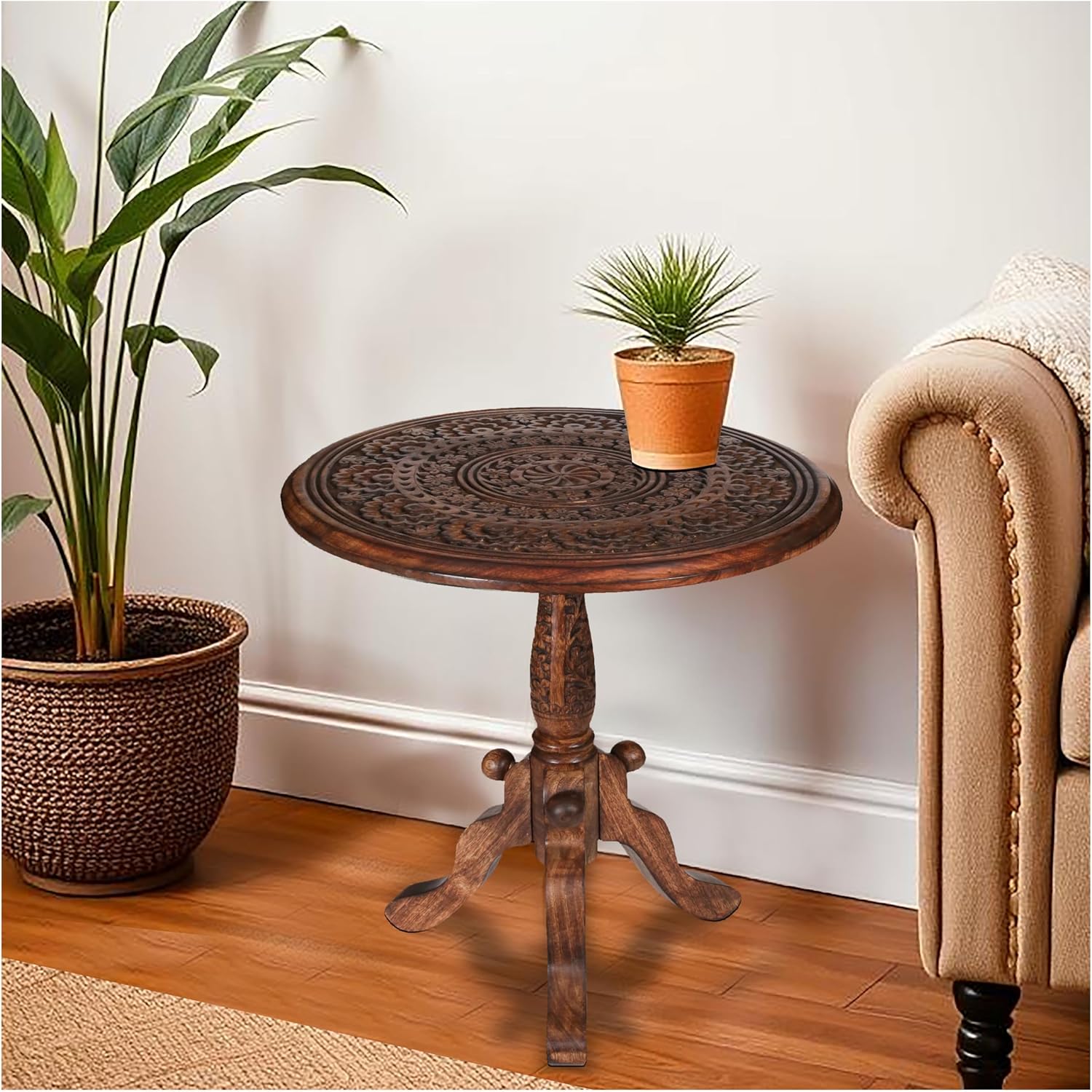 Handcrafted Carved Round Side Table – 18x21 Inch Coffee Table for Living Room | Solid Wood Accent End Table with Pedestal Base | Altar Table for Home Décor - Image 8