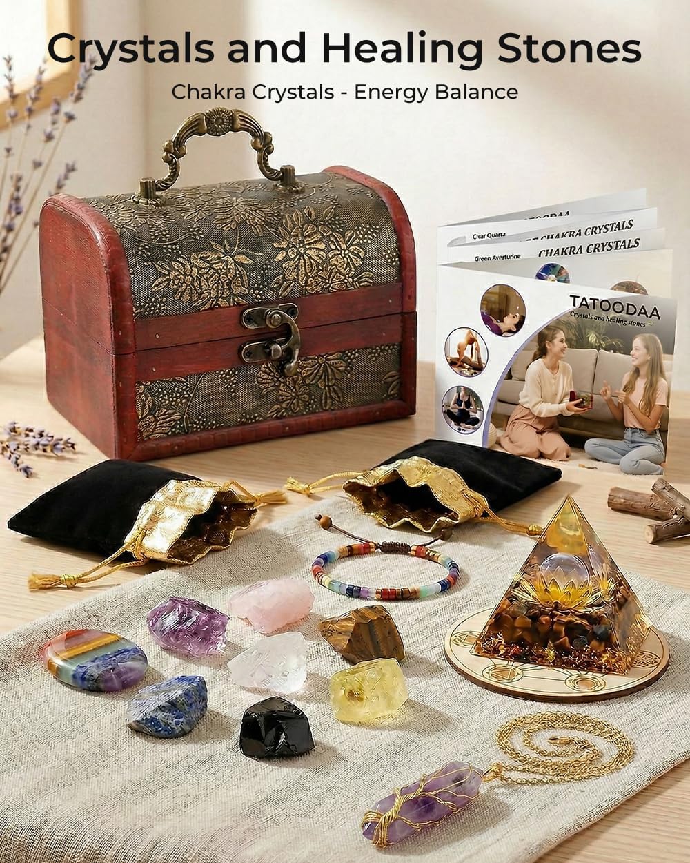 Crystals and Healing Stones Set - Chakra Crystals, Thumb Worry Stones, Golden Orgone Pyramid for Positive Energy - Flower of Life, Chakra Bracelets, 7 Chakra Stones Set, Birthday Gifts for Women - Image 2
